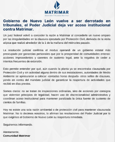 Matrimar acusa al gobierno de Samuel García de extorsión